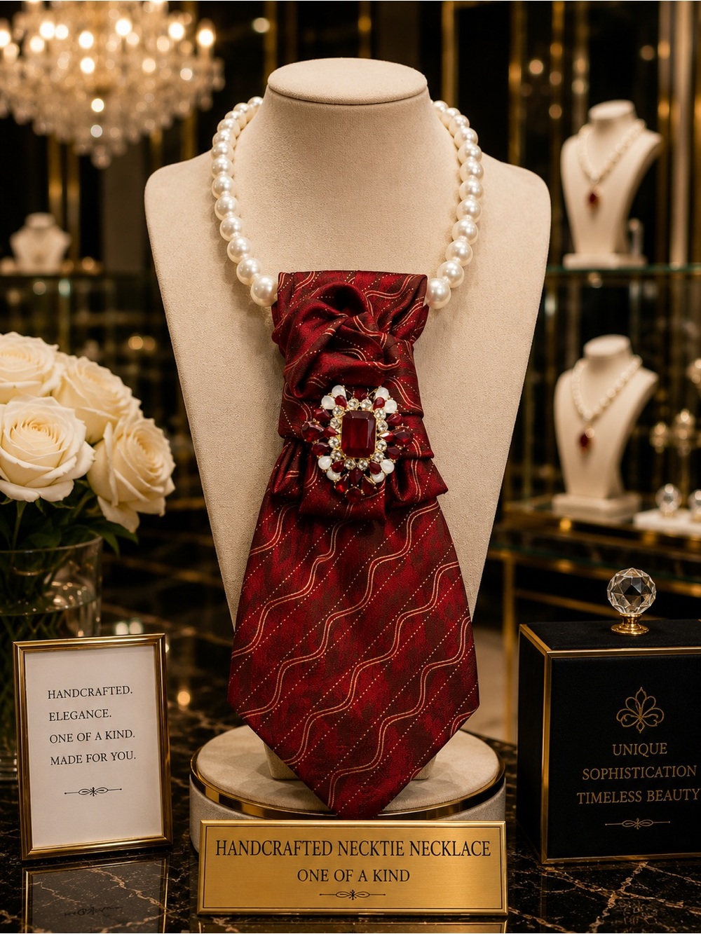 Handcrafted 100% Silk Red Burgundy Gold Pearl Necktie Necklace One-of-a-Kind